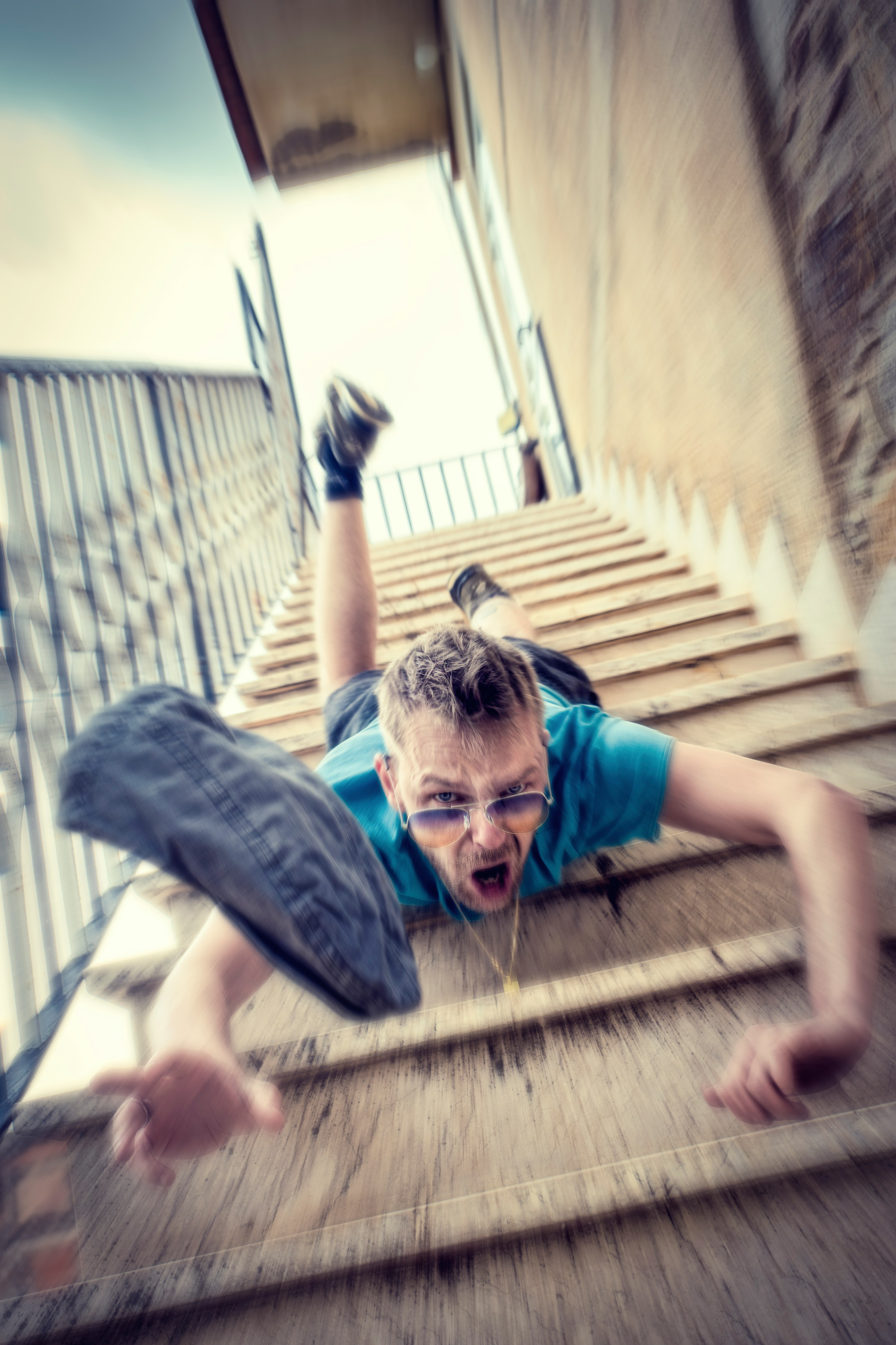 A man falling down the stairs